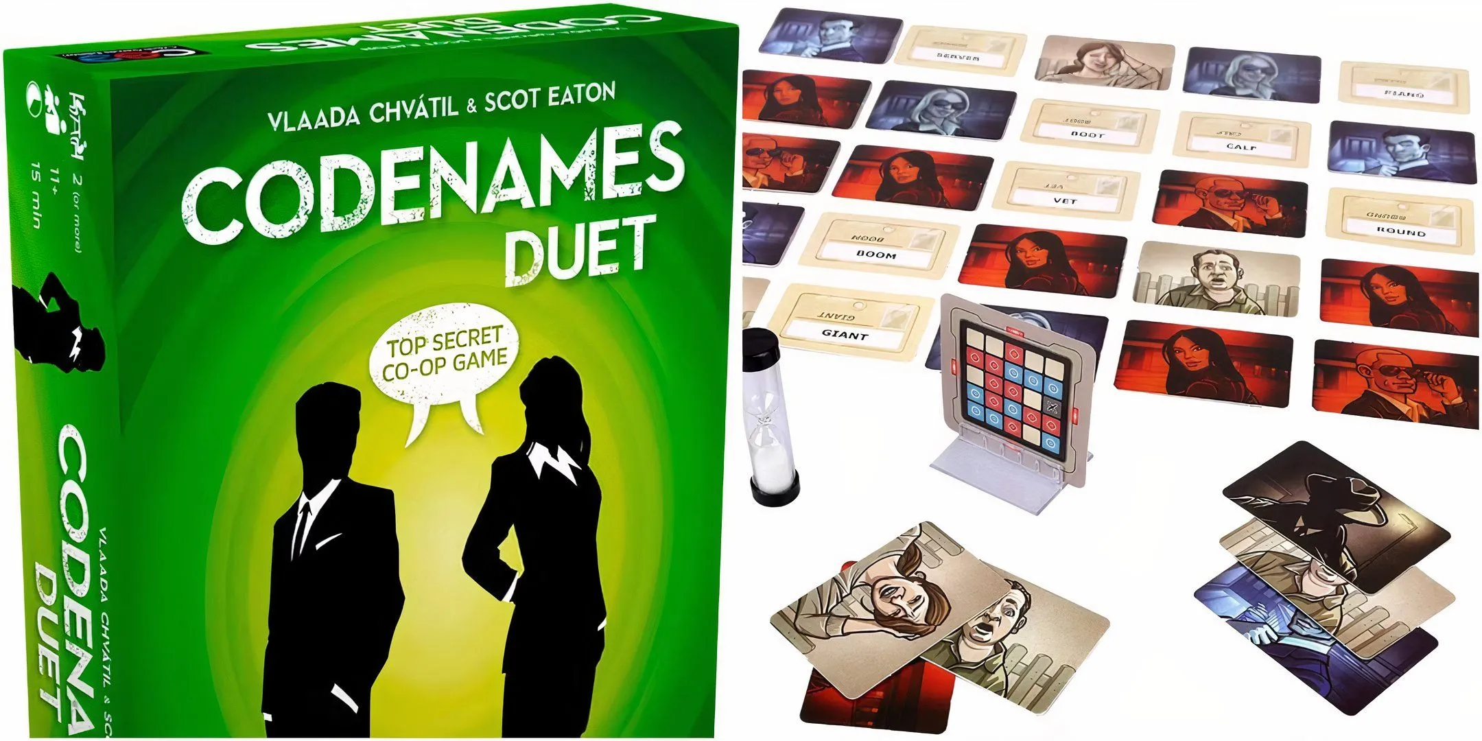 Hộp board game Codenames Duet và bàn chơi với các từ khóa, game giải mã mật mã dựa trên gợi ý một từ