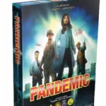 Hộp board game Pandemic với hình ảnh bản đồ thế giới và các dấu hiệu dịch bệnh
