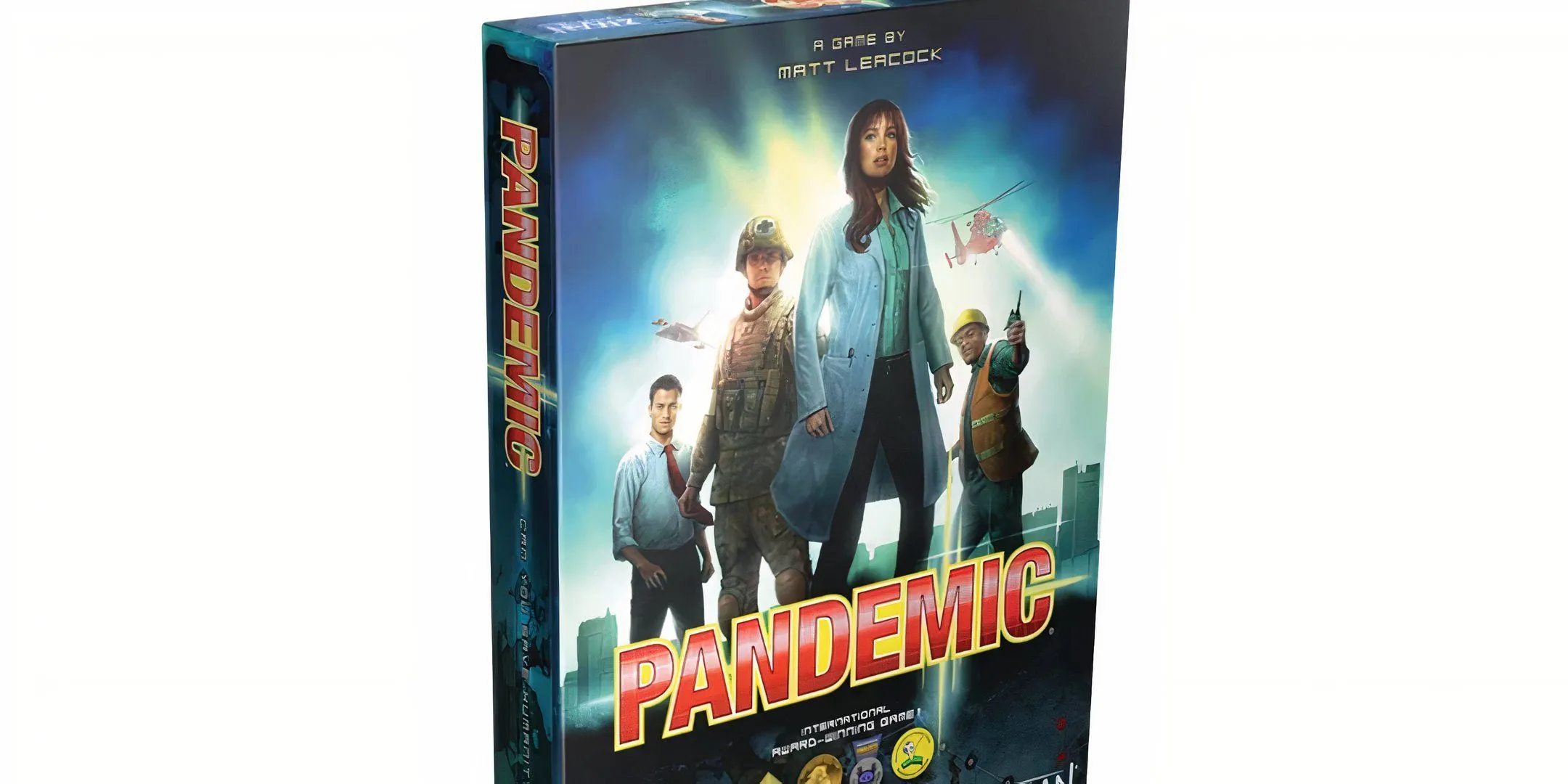 Hộp board game Pandemic với hình ảnh bản đồ thế giới và các dấu hiệu dịch bệnh