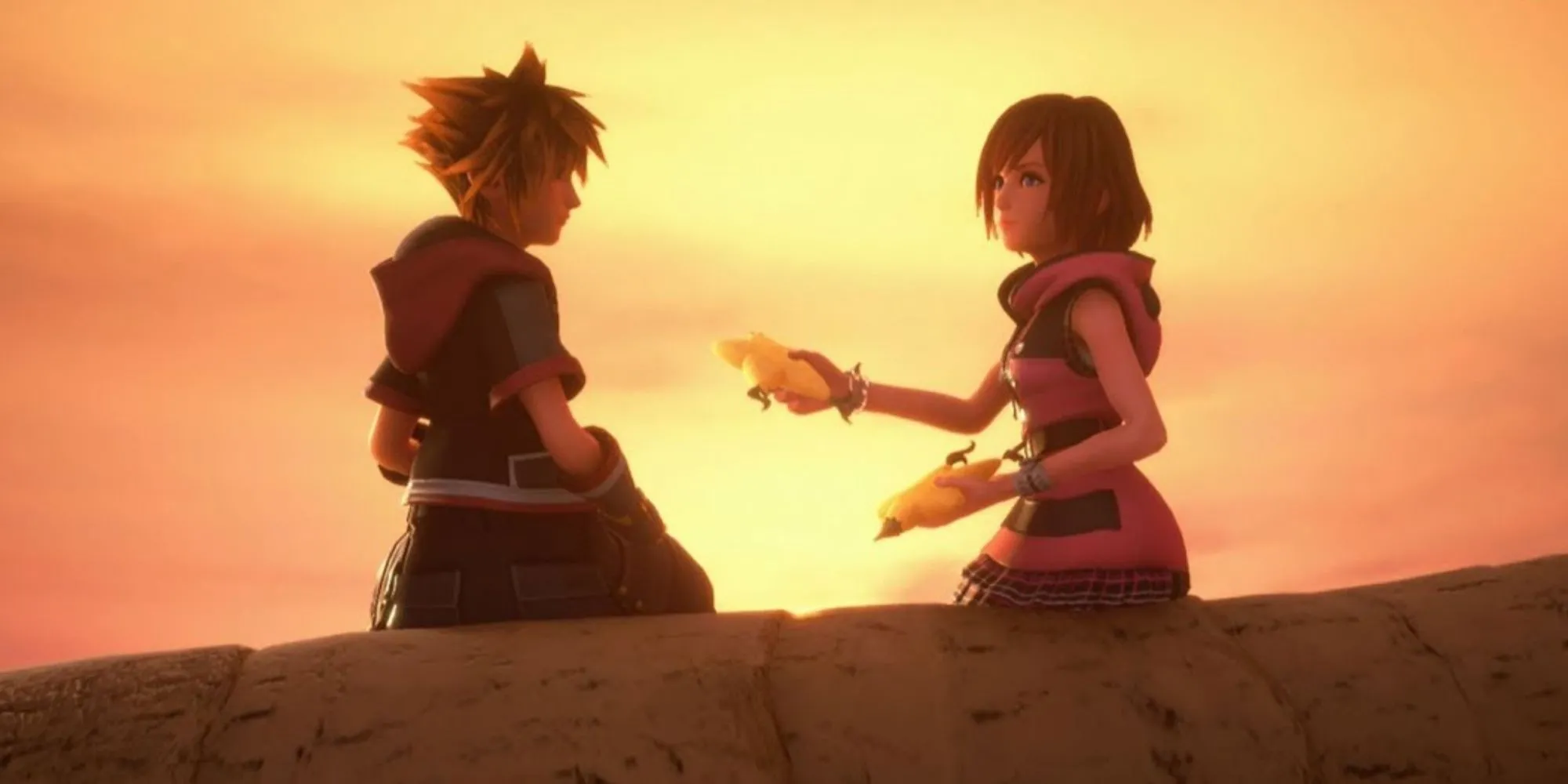Kairi đưa trái paopu cho Sora trong Kingdom Hearts 3.