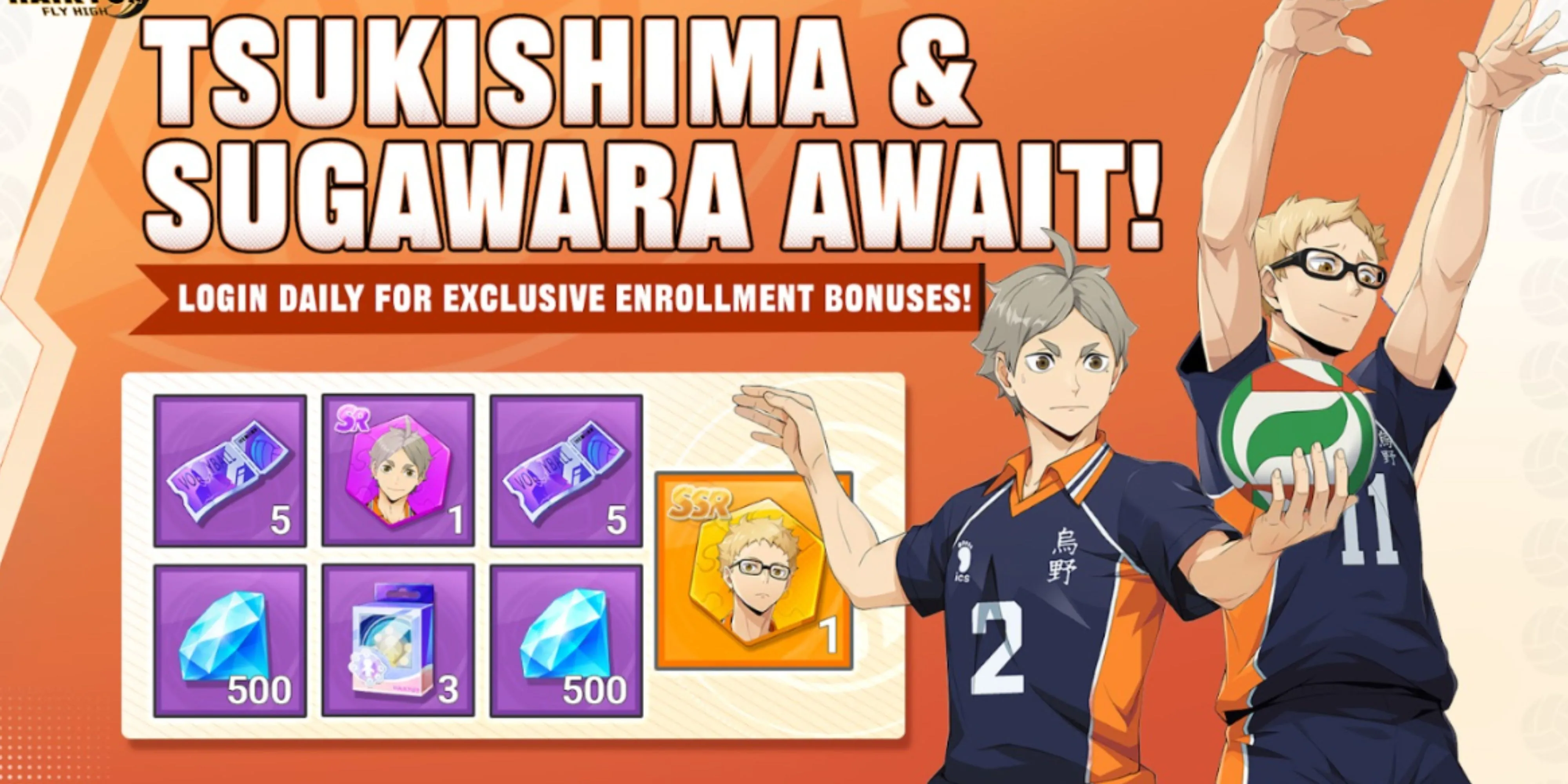 Kei Tsukishima và Koshi Sugawara trong giao diện game HAIKYU FLY HIGH, minh họa nhân vật sẽ nhận được qua sự kiện và nhiệm vụ.