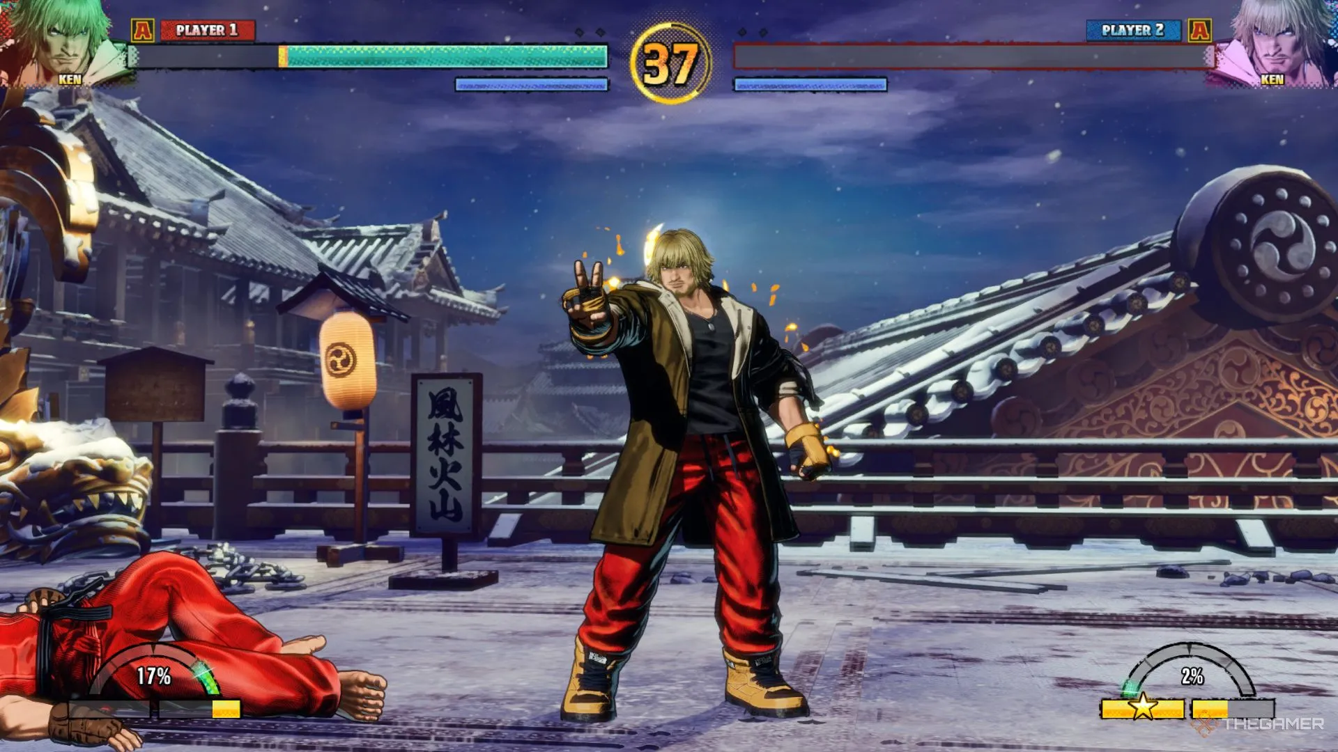 Ken Masters trong tư thế chiến thắng cuối trận đấu Fatal Fury City of the Wolves, thể hiện sự tự tin và phong cách đặc trưng.
