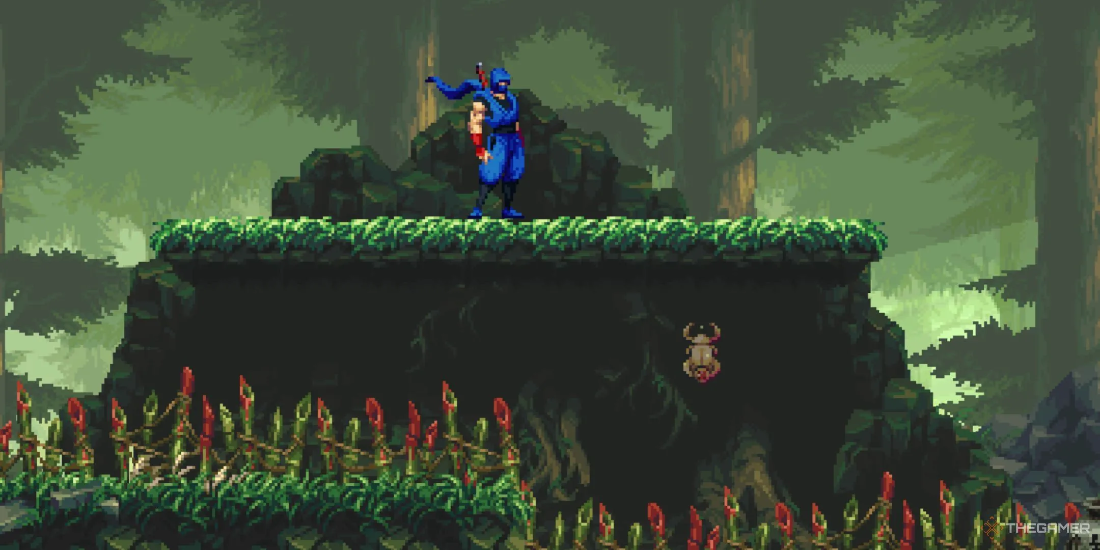 Kenji đứng cạnh một Golden Scarab lấp lánh trong Ninja Gaiden: Ragebound, minh họa cho tầm quan trọng của vật phẩm này.