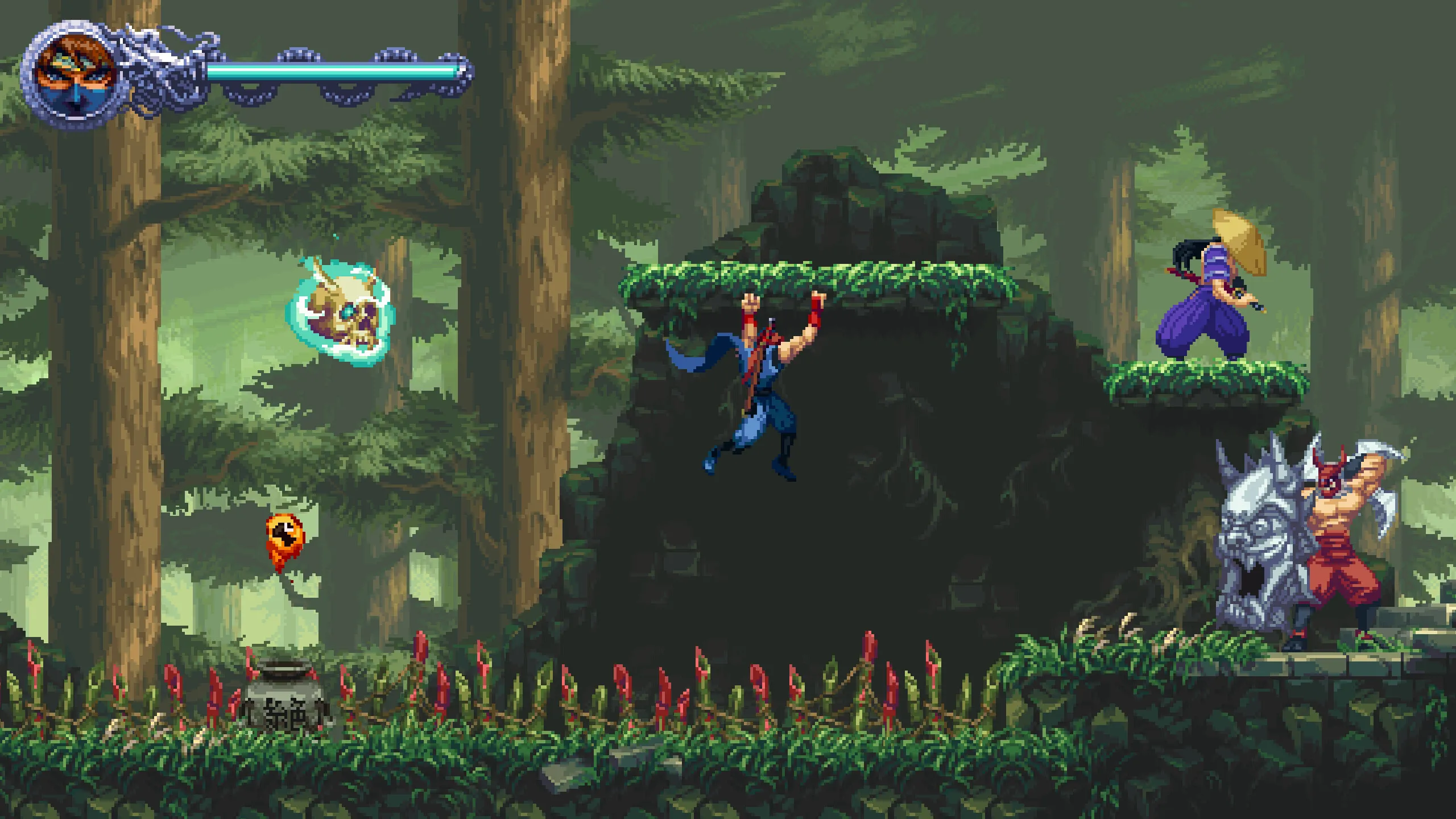 Kenji thực hiện cơ chế leo trèo, minh họa phần platforming đỉnh cao trong Ninja Gaiden Ragebound