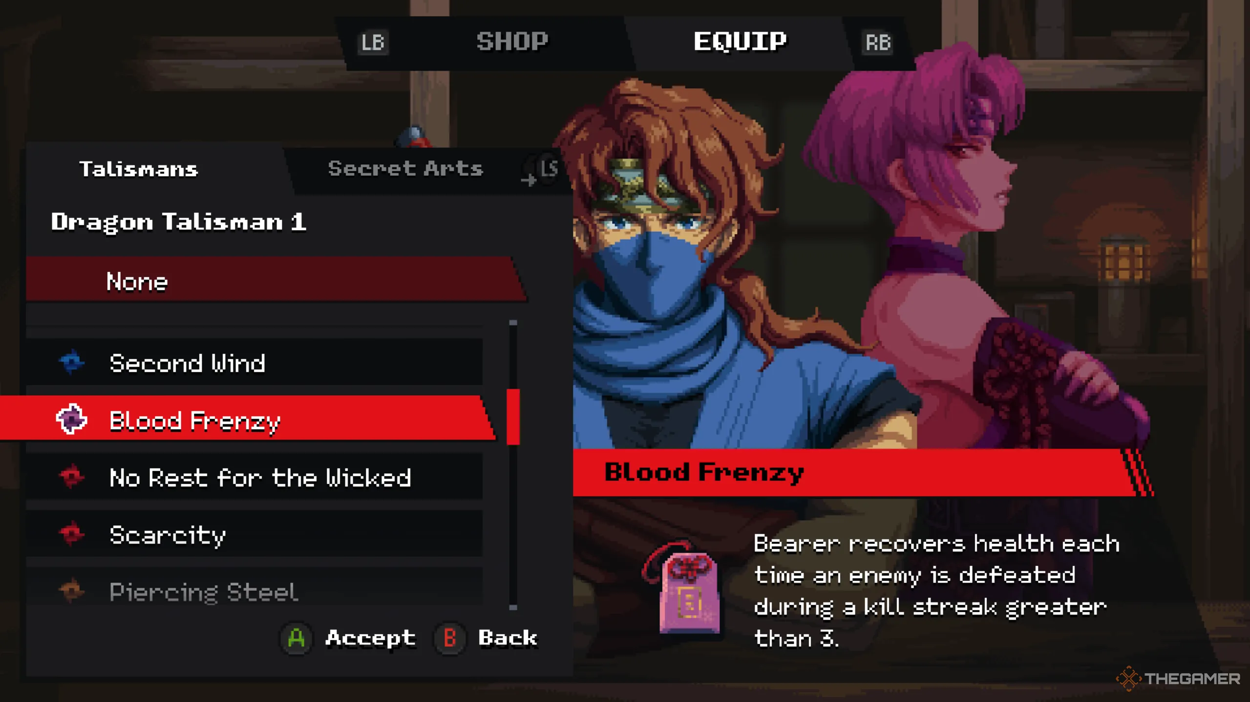 Kenji trang bị Bùa chú Blood Frenzy trong Ninja Gaiden Ragebound