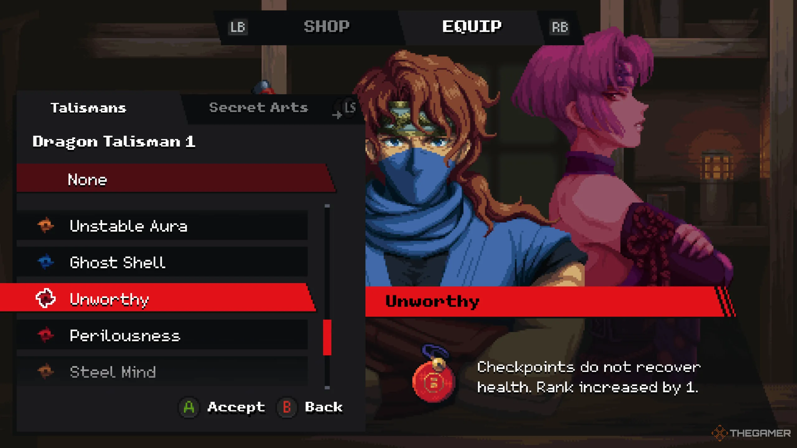 Kenji trang bị Bùa chú Unworthy trong Ninja Gaiden Ragebound