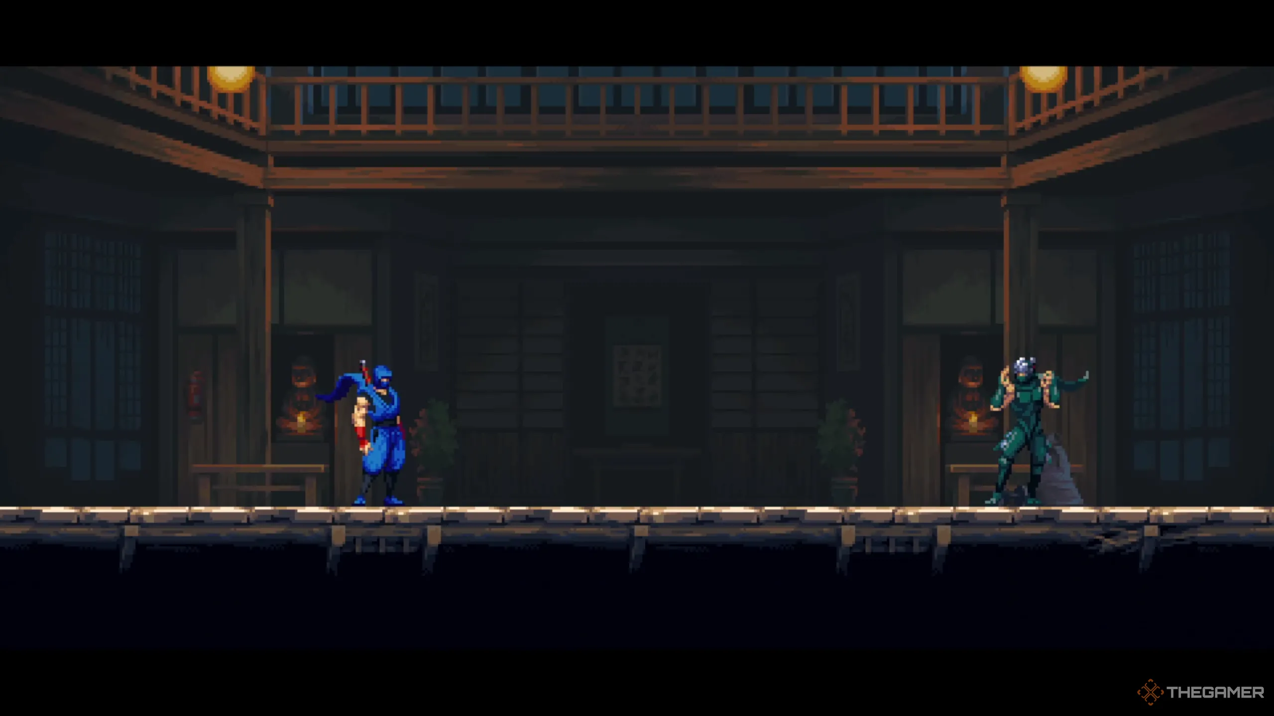Kenji và Ryu Hayabusa chuẩn bị đối đầu trong thử thách Ryu's Test của Ninja Gaiden Ragebound.