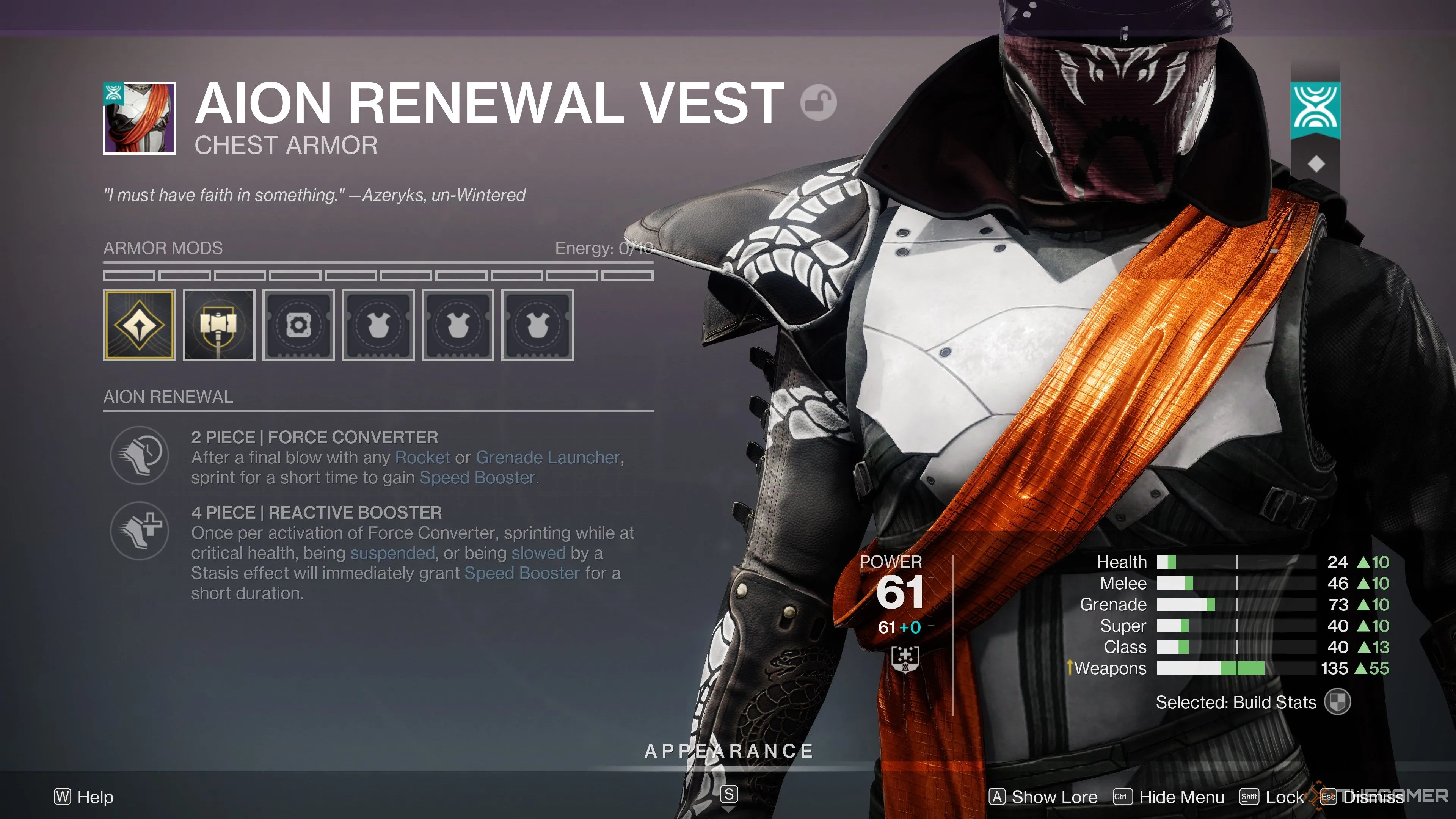 Mô tả bộ giáp ngực Aion Renewal trong Destiny 2 với thông tin hiệu ứng set bonus.