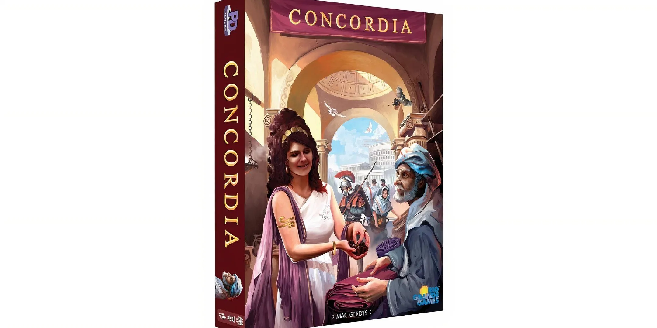 Mô tả hình ảnh: Hộp bìa của board game Concordia, thể hiện bản đồ châu Âu cổ đại và các yếu tố thương mại thời La Mã.