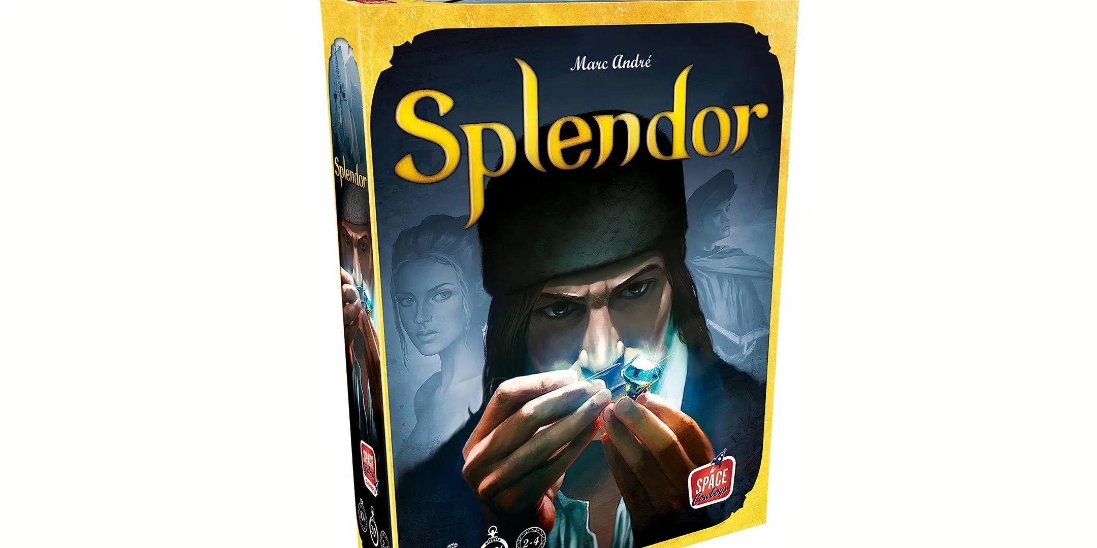 Mô tả hình ảnh: Hộp bìa của board game Splendor, với hình ảnh một người đàn ông nhìn vào viên đá quý, thể hiện chủ đề thương gia và tài nguyên.