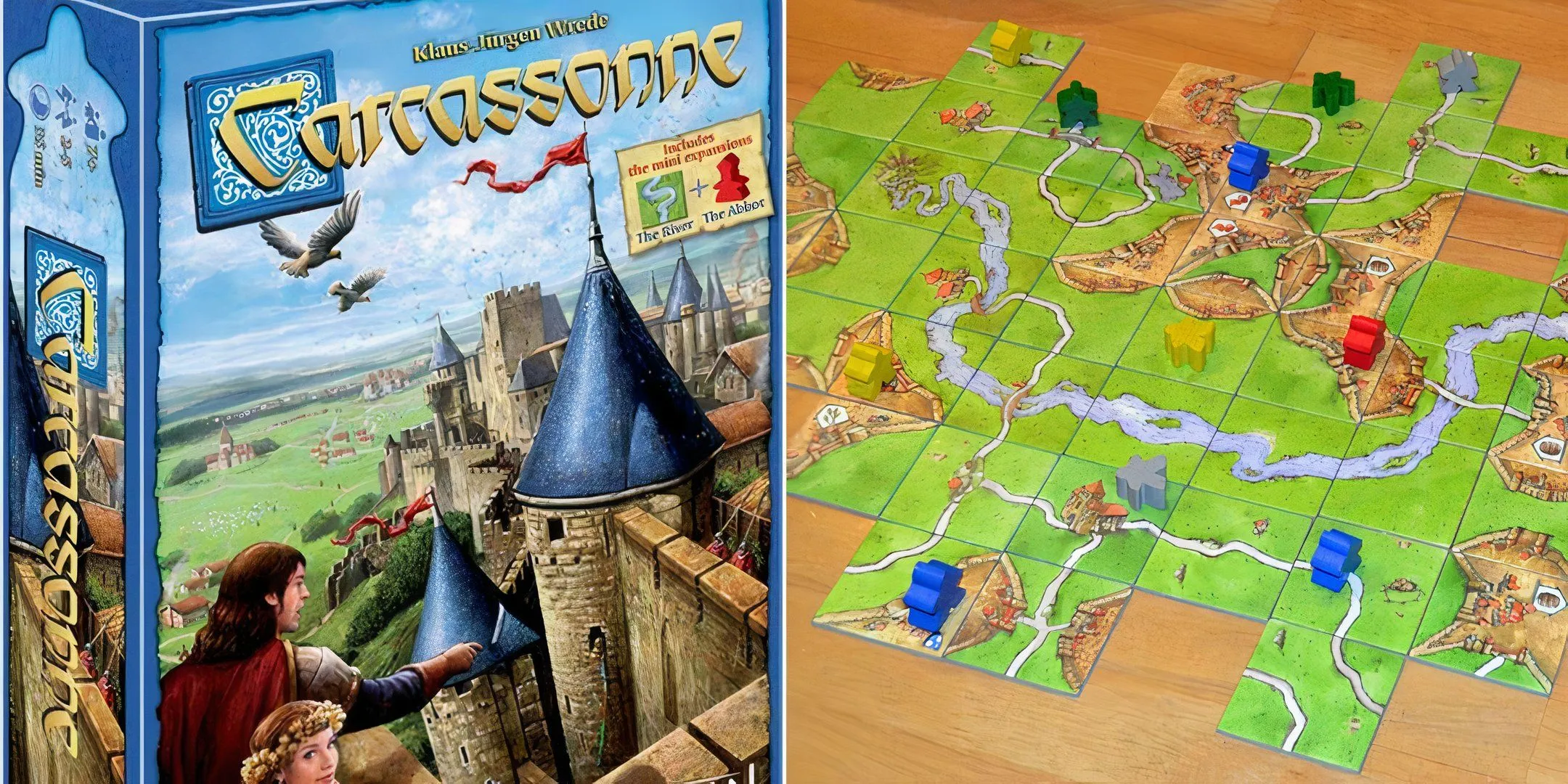 Mô tả hình ảnh: Hộp bìa và bàn chơi của board game Carcassonne với các mảnh gạch cảnh quan hình thành một vùng đất liền mạch.