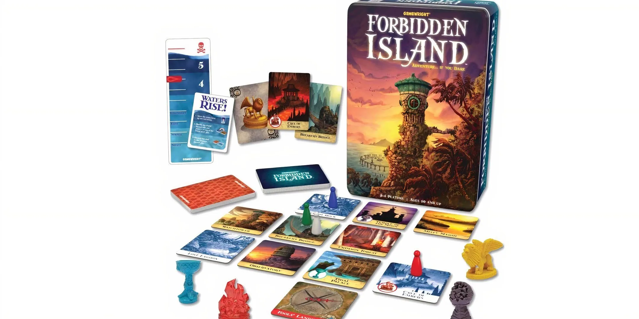 Mô tả hình ảnh: Hộp game và các mảnh ghép của board game Forbidden Island, mô tả một hòn đảo đang dần chìm trong nước.