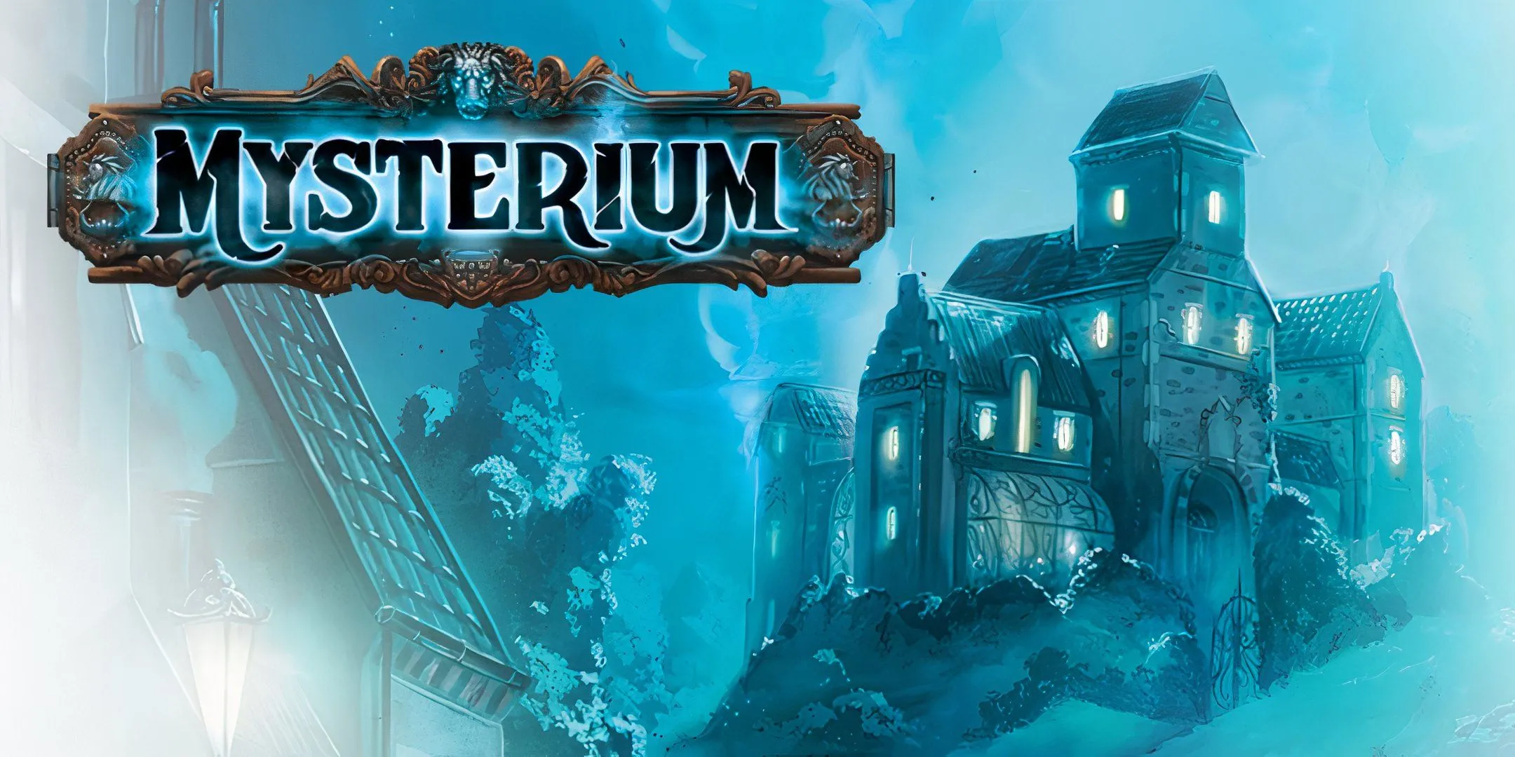 Mô tả hình ảnh: Hộp game và các thành phần của board game Mysterium, bao gồm các lá bài hình ảnh và thẻ bài hồn ma, tạo không khí bí ẩn.