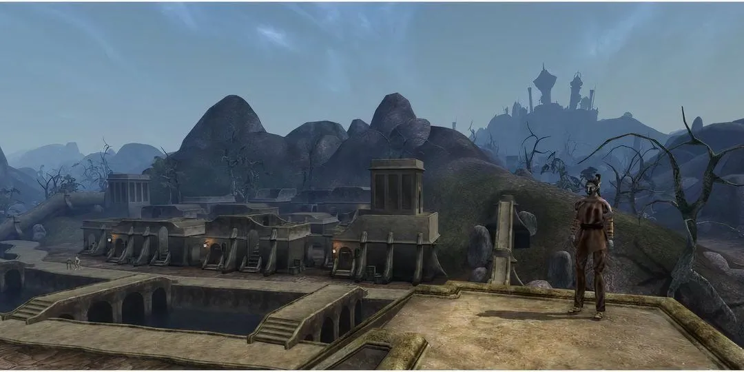 Một Dark Elf đang ngồi trên mái nhà ở Balmora trong Morrowind