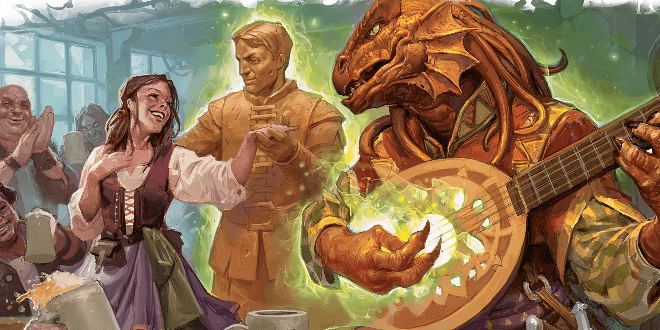 Một Dragonborn Bard đang mê hoặc một người hình người trong Dungeons &amp; Dragons.