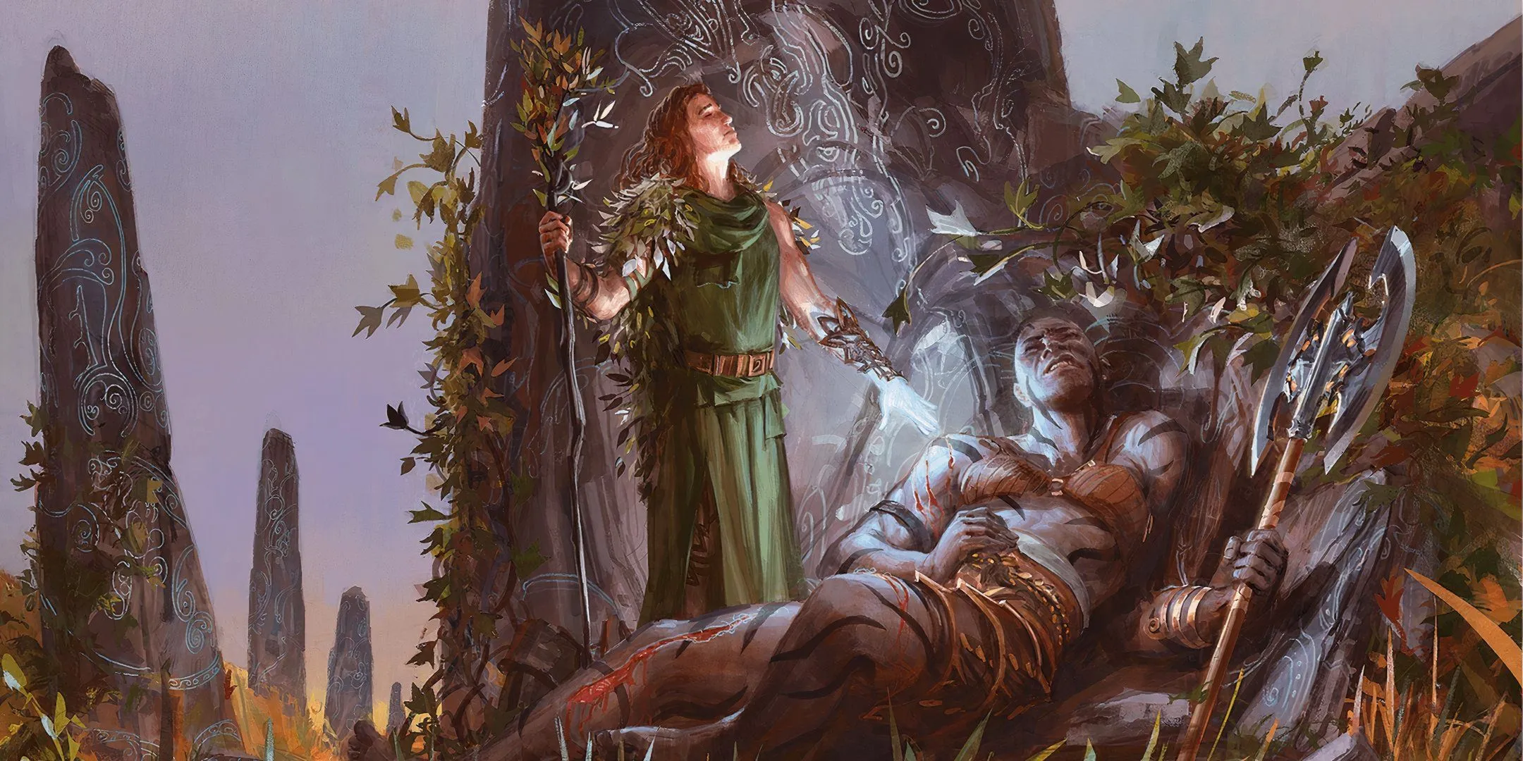 Một Druid trong áo choàng xanh đang thi triển Lesser Restoration lên một chiến binh ngã xuống trong Dungeons &amp; Dragons.