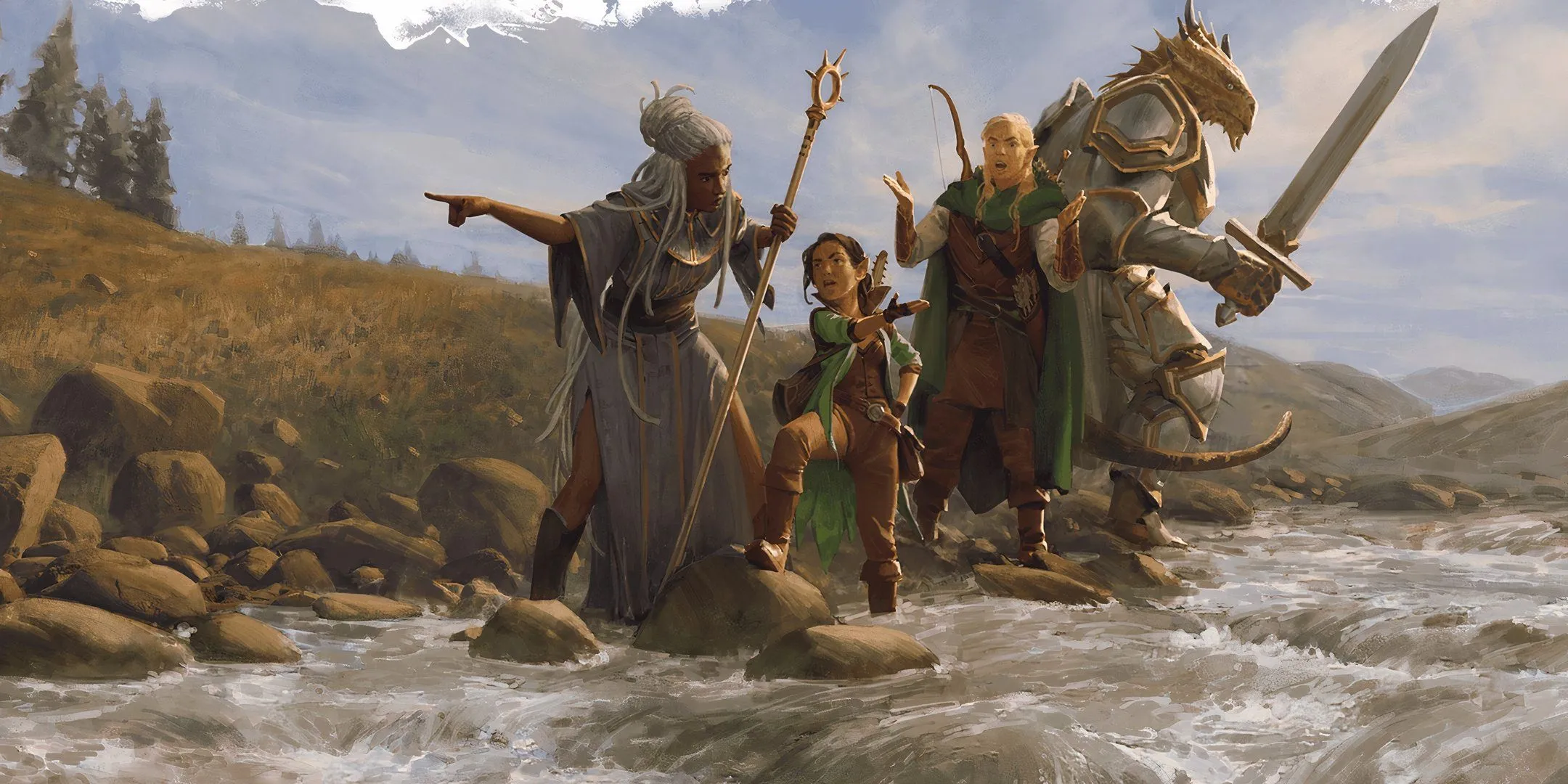 Một nhóm thám hiểm gồm bốn người với một dragonborn, elf, gnome và con người đang cố gắng vượt qua một con sông.