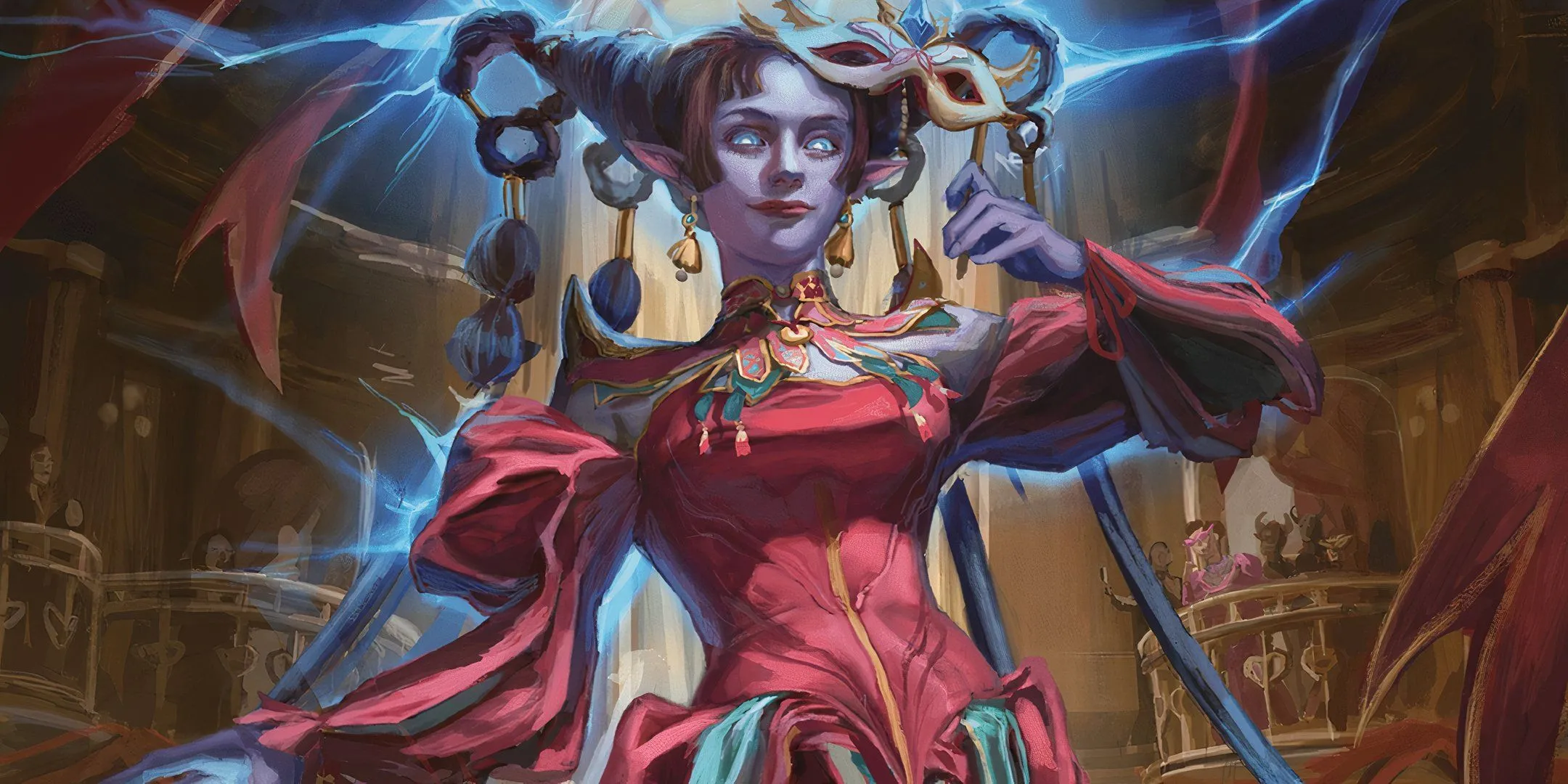 Một nữ pháp sư Tiefling với những tia lửa xanh tỏa ra từ cơ thể trong Dungeons &amp; Dragons.