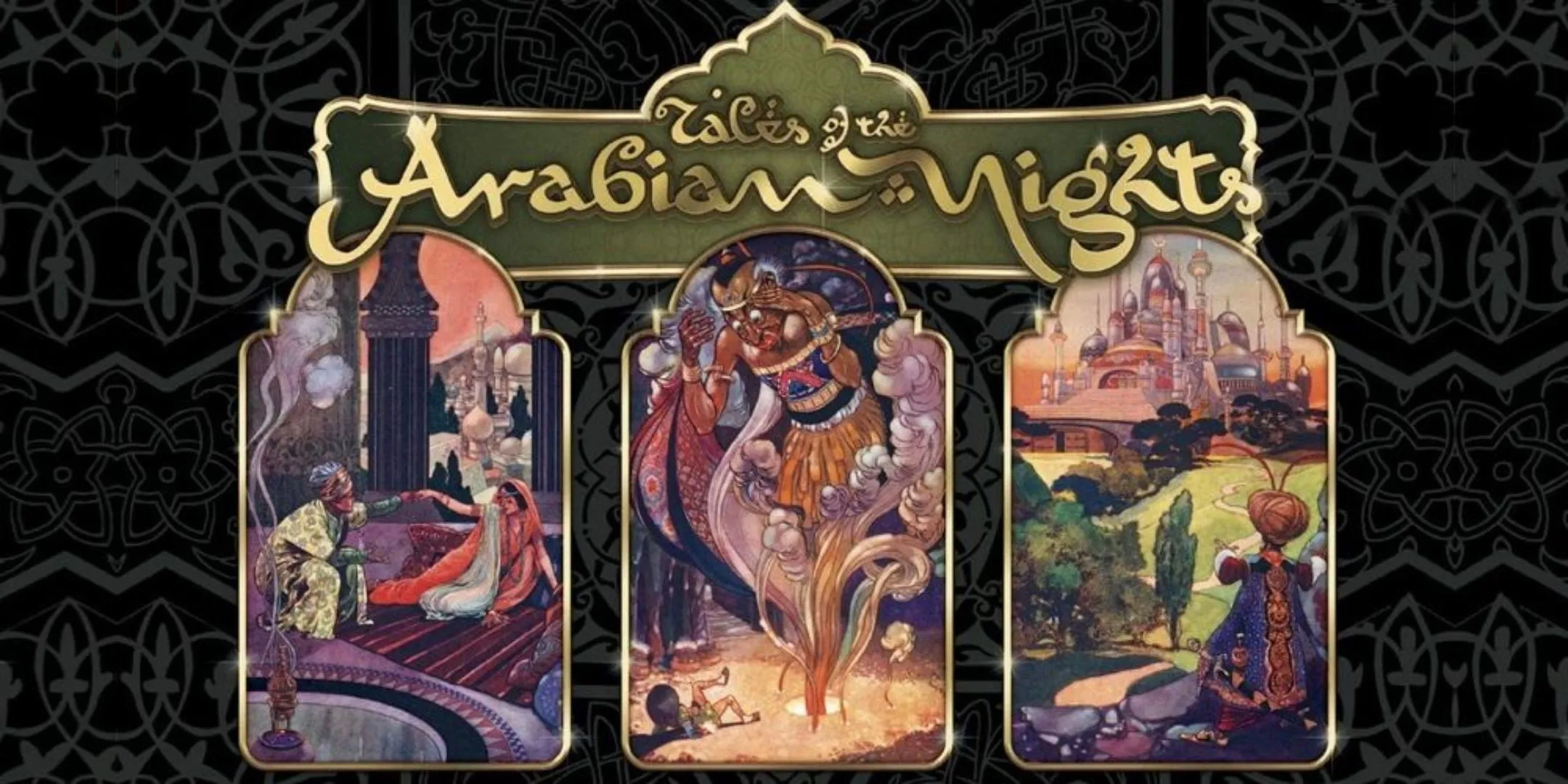 Nghệ thuật bìa hộp Tales of the Arabian Nights với các cảnh truyện cổ tích