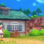 Người chơi đứng ngoài trang trại trong Story of Seasons Grand Bazaar, khung cảnh làng quê thanh bình