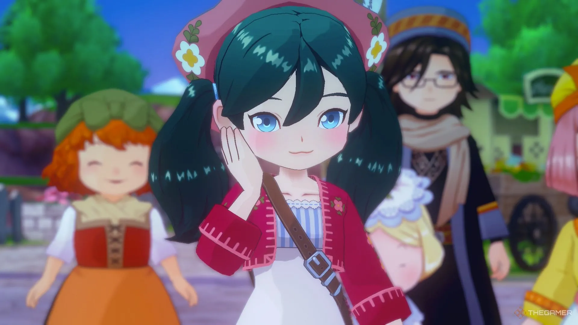Nhân vật chính của Story of Seasons Grand Bazaar đang đỏ mặt, thể hiện yếu tố hẹn hò trong game nông trại