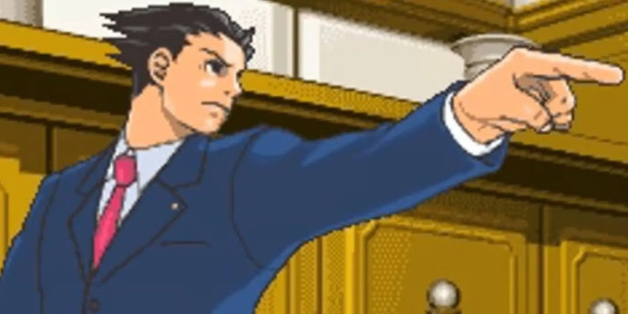 Phoenix Wright chỉ tay sang phải trong phiên bản DS của Phoenix Wright Ace Attorney.