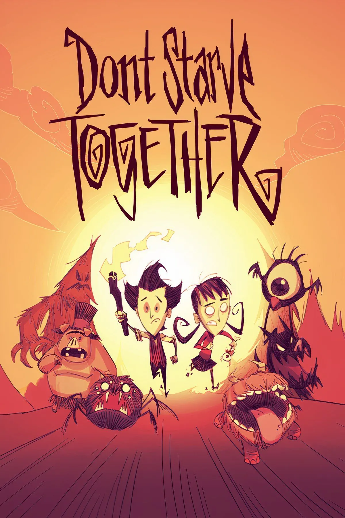 Phong cách nghệ thuật độc đáo của Don't Starve Together với các nhân vật và quái vật trong môi trường tối tăm.