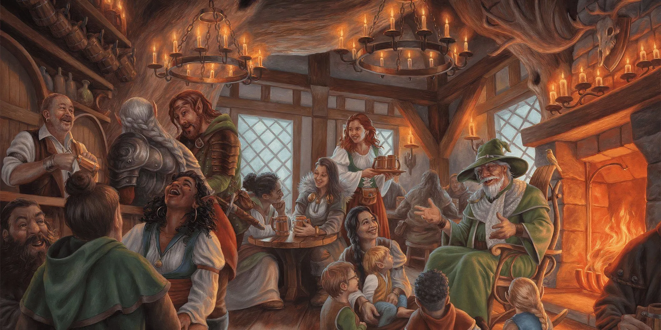 Quán rượu Dragonlance trong D&amp;D với ánh sáng ấm áp và không khí tấp nập.