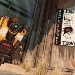 Robot Claptrap lạc quan trước cánh cổng khóa trong Borderlands 3