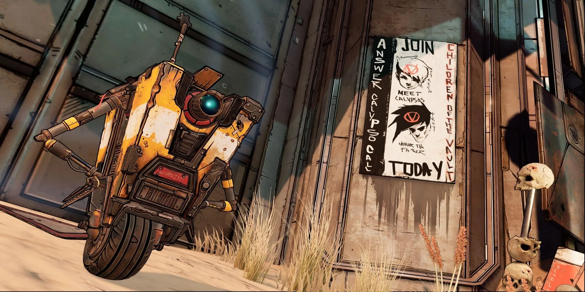 Robot Claptrap lạc quan trước cánh cổng khóa trong Borderlands 3