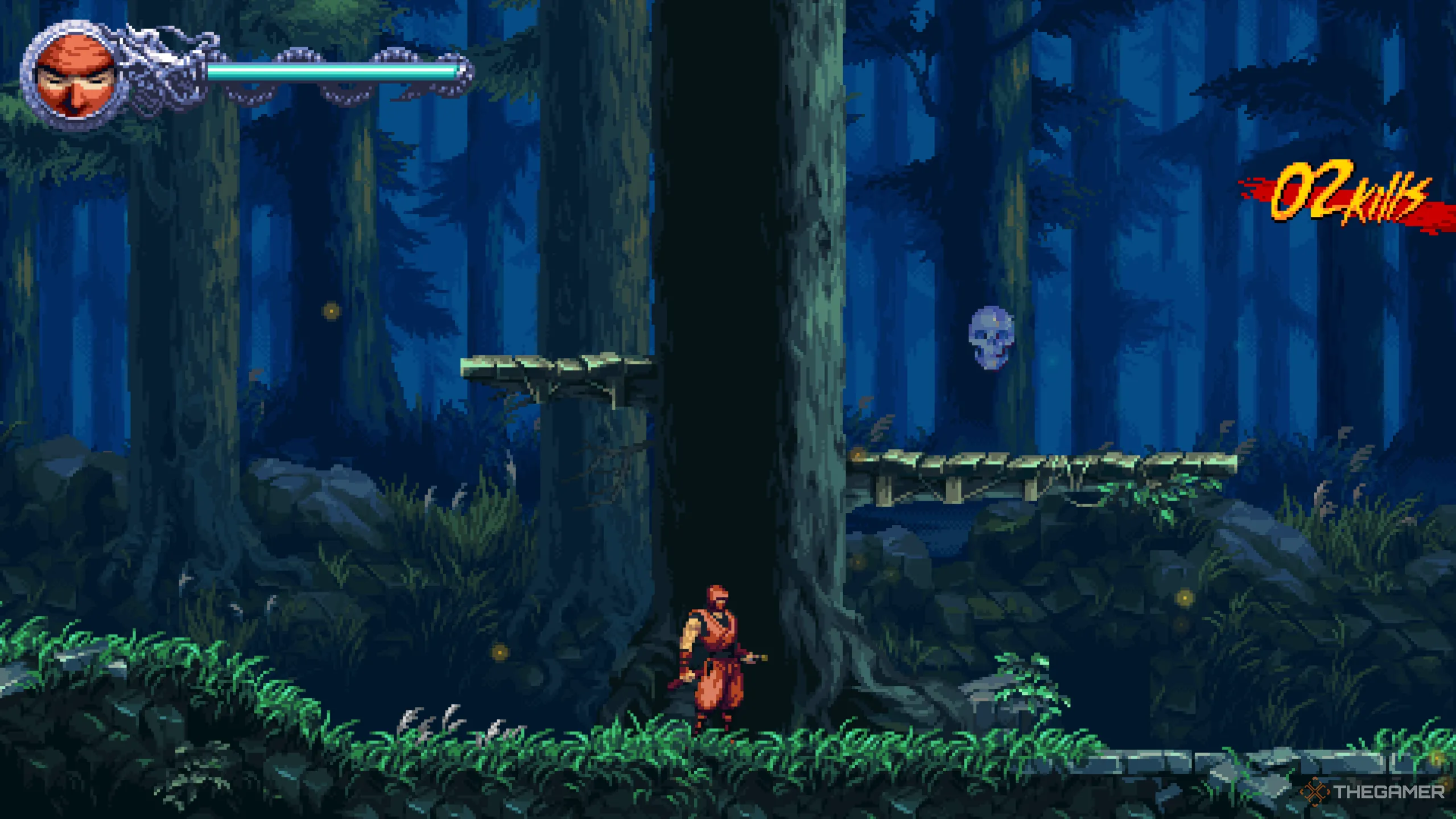 Ryu Hayabusa đối mặt với kẻ địch Samurai đầu tiên, bên cạnh là một Crystal Skull trên bục cao trong Ninja Gaiden Ragebound màn P1 The Tragic Duel.
