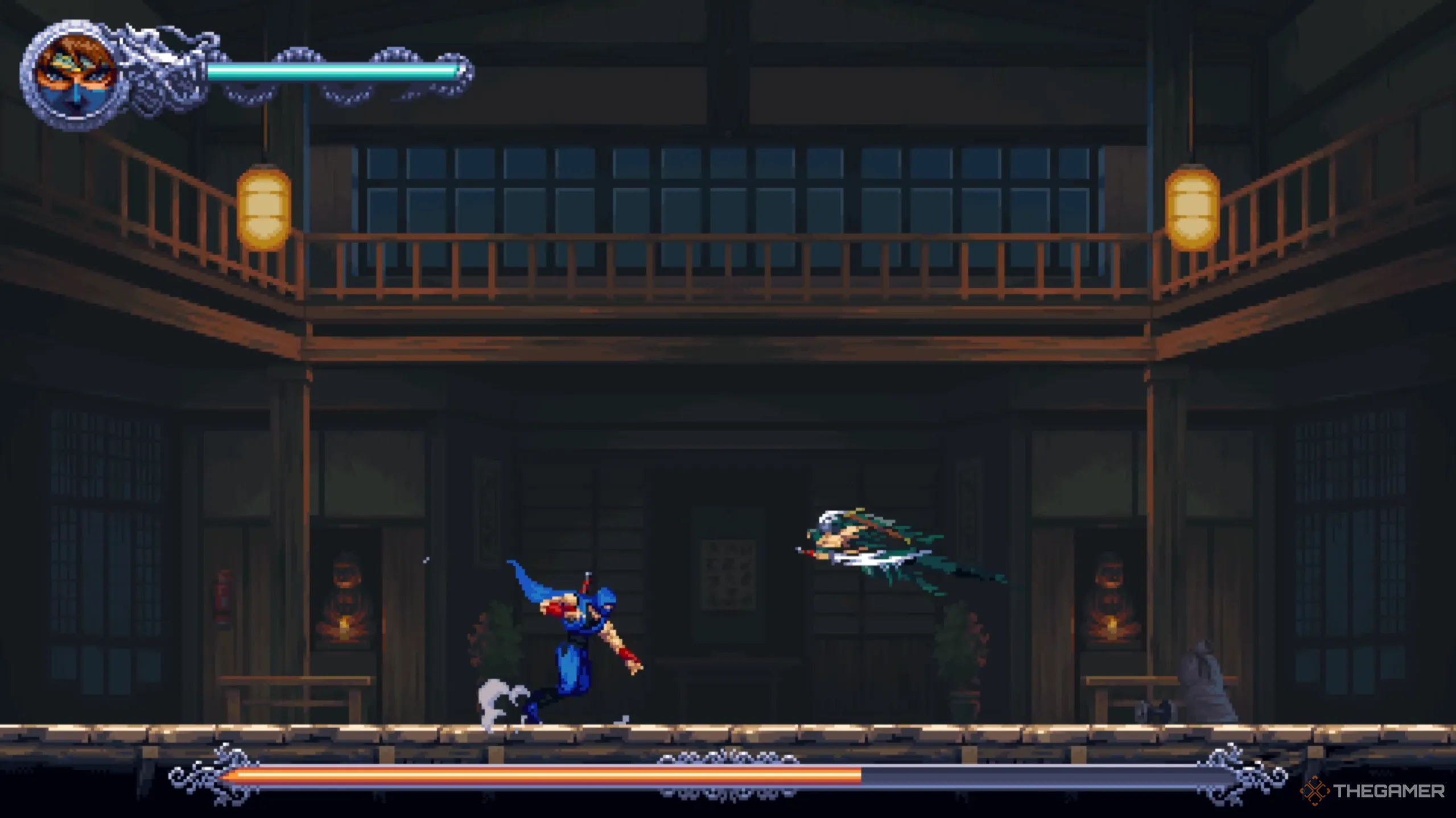 Ryu Hayabusa thi triển chiêu Phi Yến huyền thoại tấn công Kenji trong Ninja Gaiden Ragebound.
