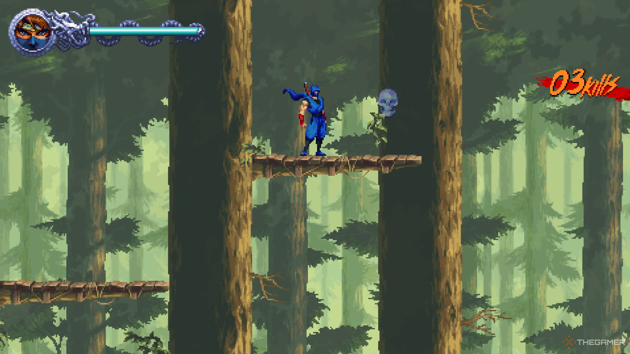 Ryu Hayabusa trên một tảng đá trong khu rừng, với một Crystal Skull nằm trên bệ cao khó nhìn thấy trong Ninja Gaiden Ragebound màn After the Demons!.