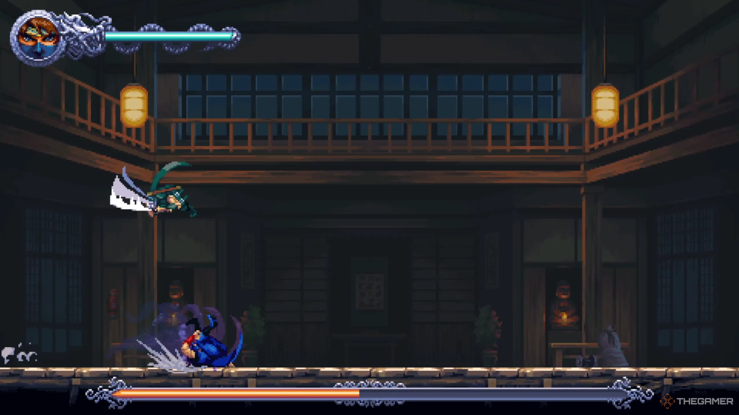 Ryu thực hiện cú chém kiếm từ trên không xuống trong trận đấu ở Ninja Gaiden Ragebound.