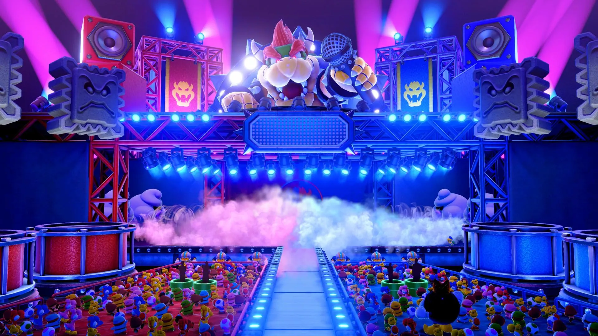 Sân khấu hoành tráng của chế độ Bowser Live trong Super Mario Party Jamboree Nintendo Switch 2 Edition, thể hiện màn trình diễn đầy kịch tính của Bowser và các game thủ.