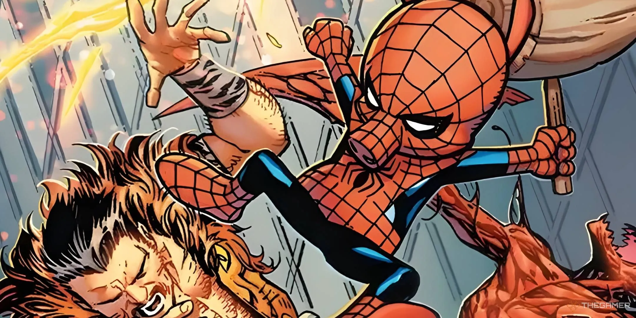 Spider-Ham Peter Porker tấn công Kraven Thợ Săn bằng búa, minh họa sức mạnh của Lợn Nhện trong Magic The Gathering.