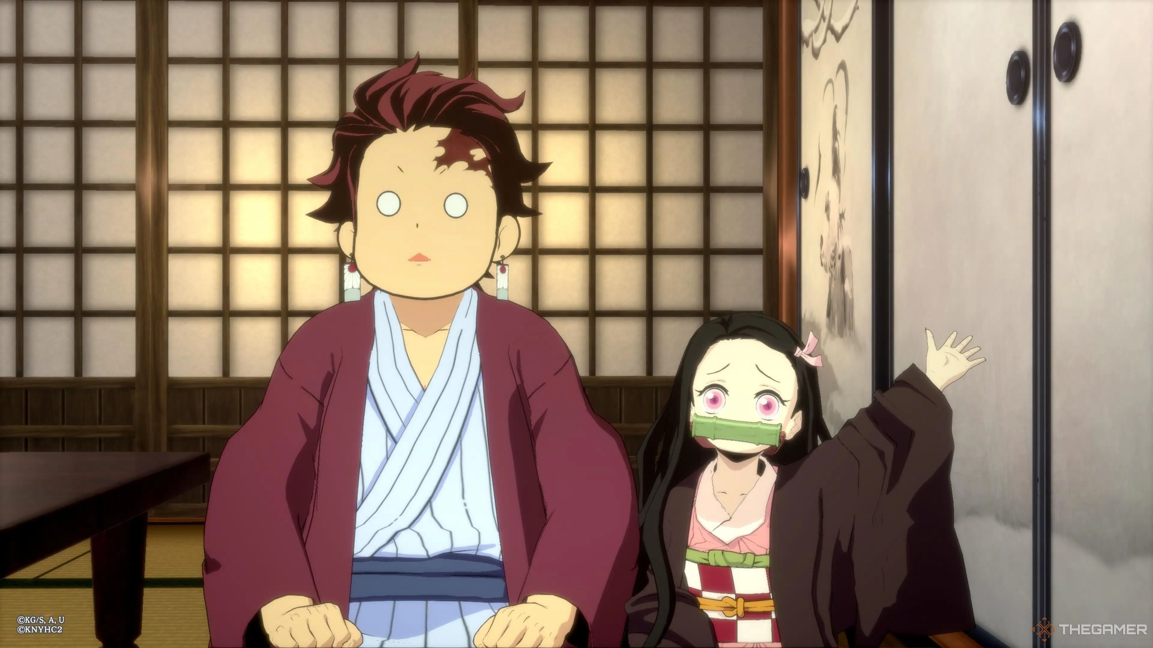 Tanjiro và Nezuko Kamado trong một phân cảnh của Demon Slayer: The Hinokami Chronicles 2 thể hiện mối quan hệ anh em gắn bó