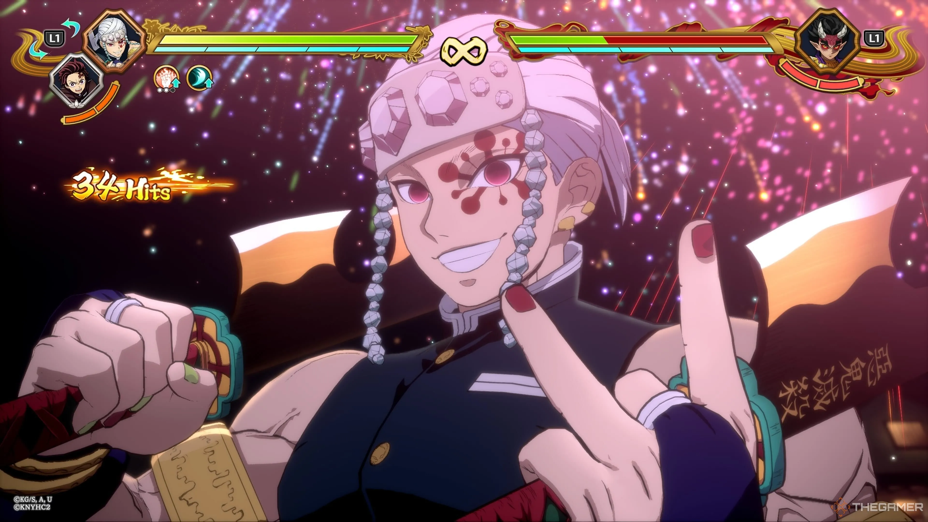 Tengen Uzui thực hiện kỹ năng Ultimate trong Demon Slayer: The Hinokami Chronicles 2 với hiệu ứng hoành tráng