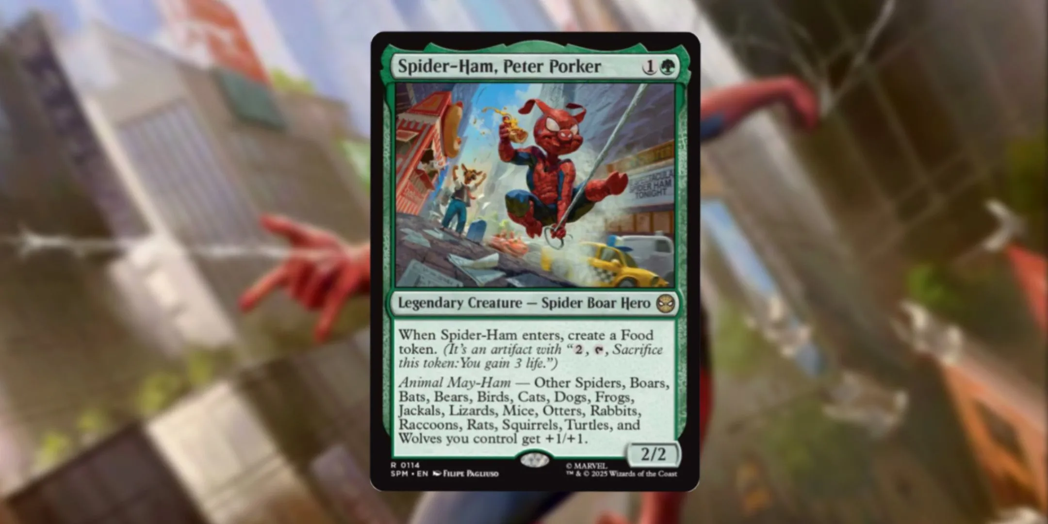 Thẻ bài Spider-Ham Peter Porker trong Magic The Gathering, hiển thị chỉ số và khả năng buff sinh vật của Commander.