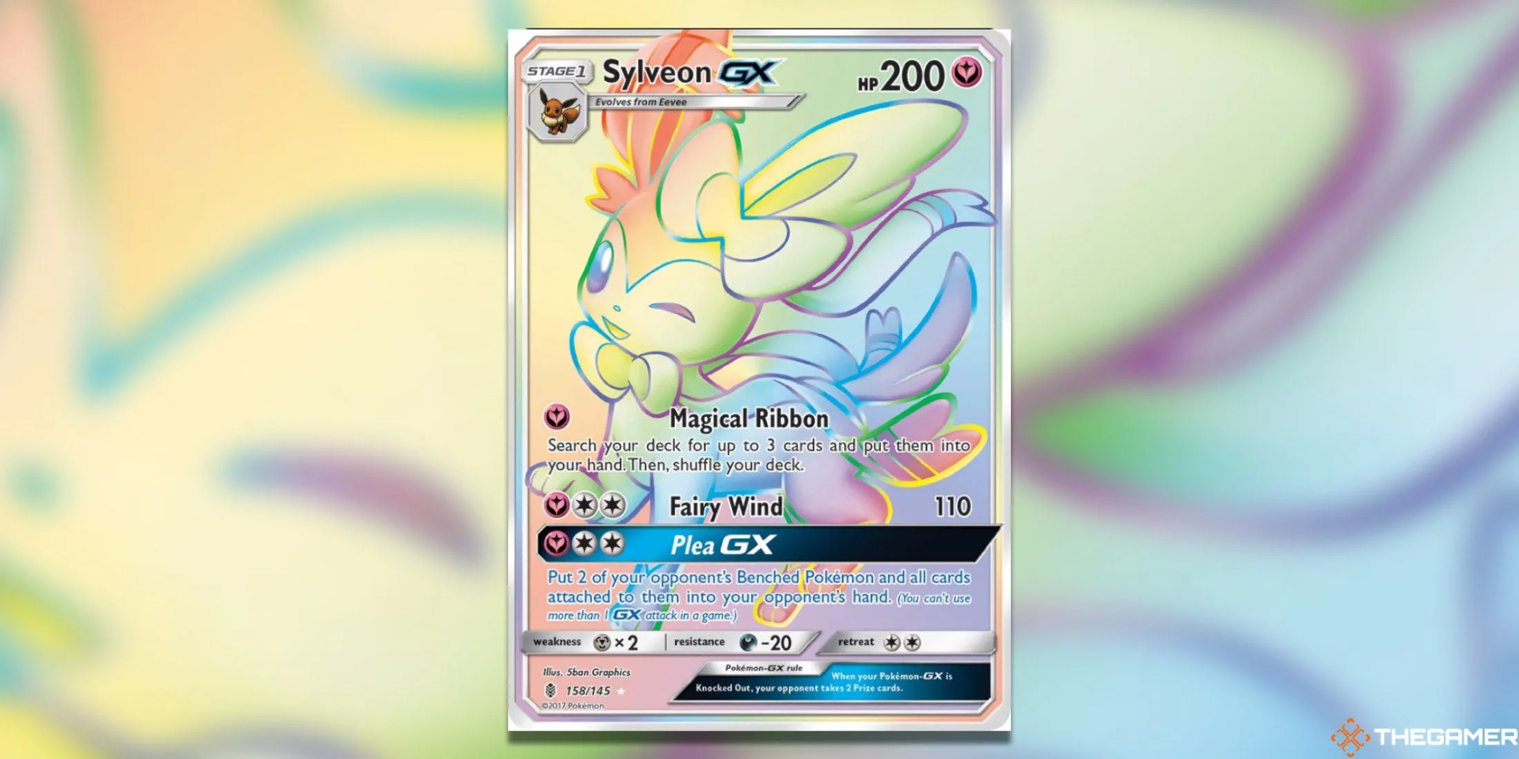 Thẻ bài Sylveon GX Secret Rare từ set Guardians Rising trong Pokemon TCG, thể hiện giá trị cao và thiết kế màu sắc cầu vồng đặc trưng.