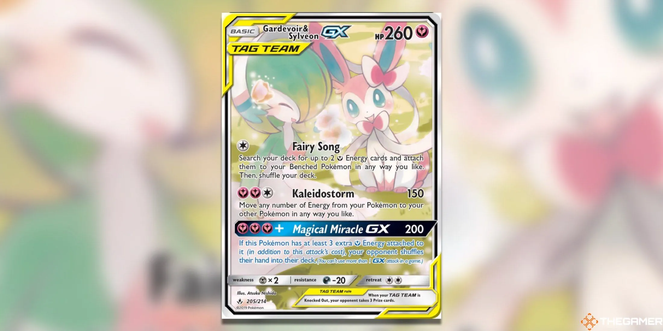 Thẻ Gardevoir &amp; Sylveon GX Alternate Full Art từ set Unbroken Bonds trong Pokemon TCG, thể hiện sự kết hợp mạnh mẽ và giá trị cao của hai Pokémon hệ Tiên.
