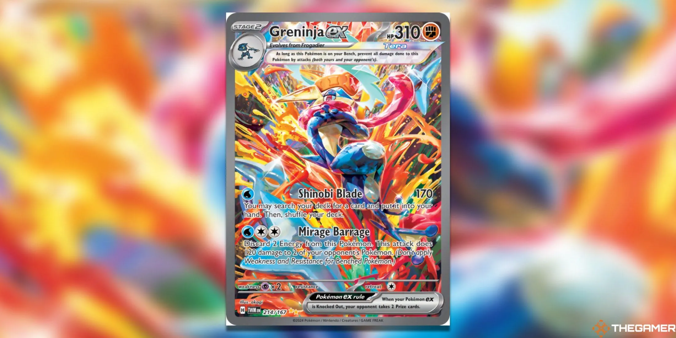 Thẻ Greninja ex Special Illustration Rare từ set Twilight Masquerade trong Pokemon TCG, với artwork độc đáo và màu sắc tươi sáng làm nổi bật Greninja.