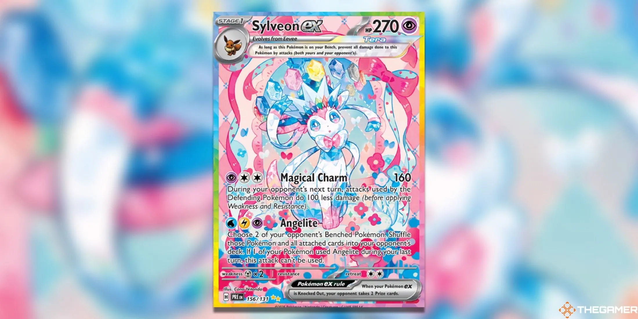 Thẻ Sylveon ex Special Illustration Rare từ set Prismatic Evolutions trong Pokemon TCG, nổi bật với thiết kế rực rỡ và nhiều màu sắc bắt mắt.