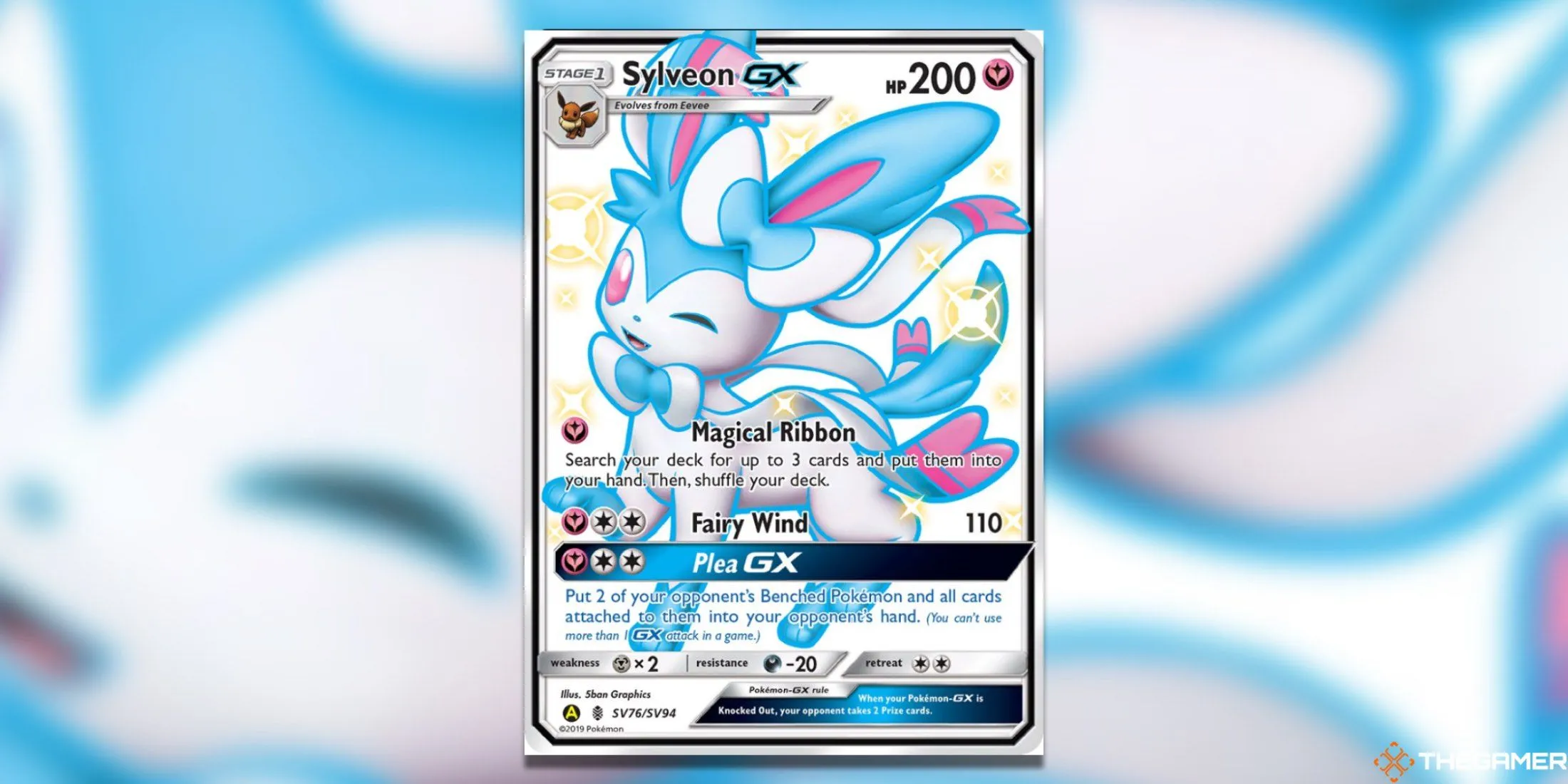 Thẻ Sylveon GX Shiny Holo Rare từ set Hidden Fates Shiny Vault trong Pokemon TCG, nổi bật với màu hồng pastel và hiệu ứng lấp lánh thu hút.