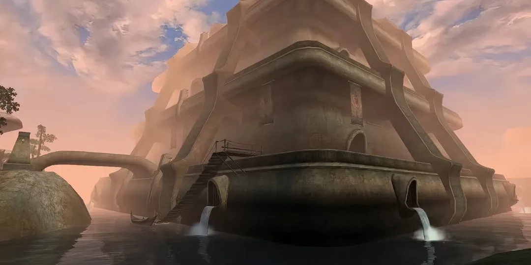 Toàn cảnh các khu Canton hùng vĩ của Vivec City trên mặt nước ở Morrowind