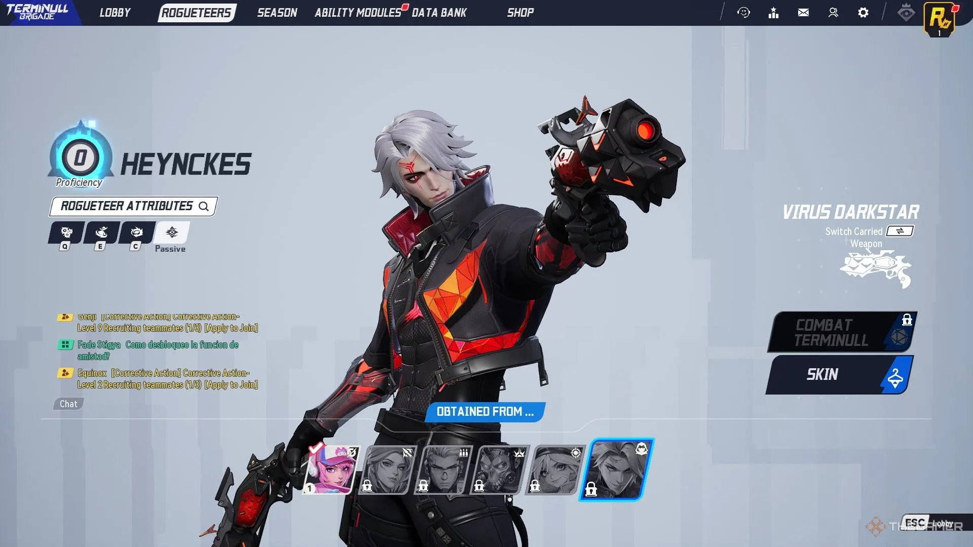 Tổng quan màn hình chọn nhân vật Rogueteer trong game Terminull Brigade, hiển thị Heynckes với thông tin kỹ năng